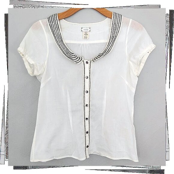 Tops - Sheer White Cotton Button Down w/ Black Viscose Embroidered Trim (4 US / UK 8)